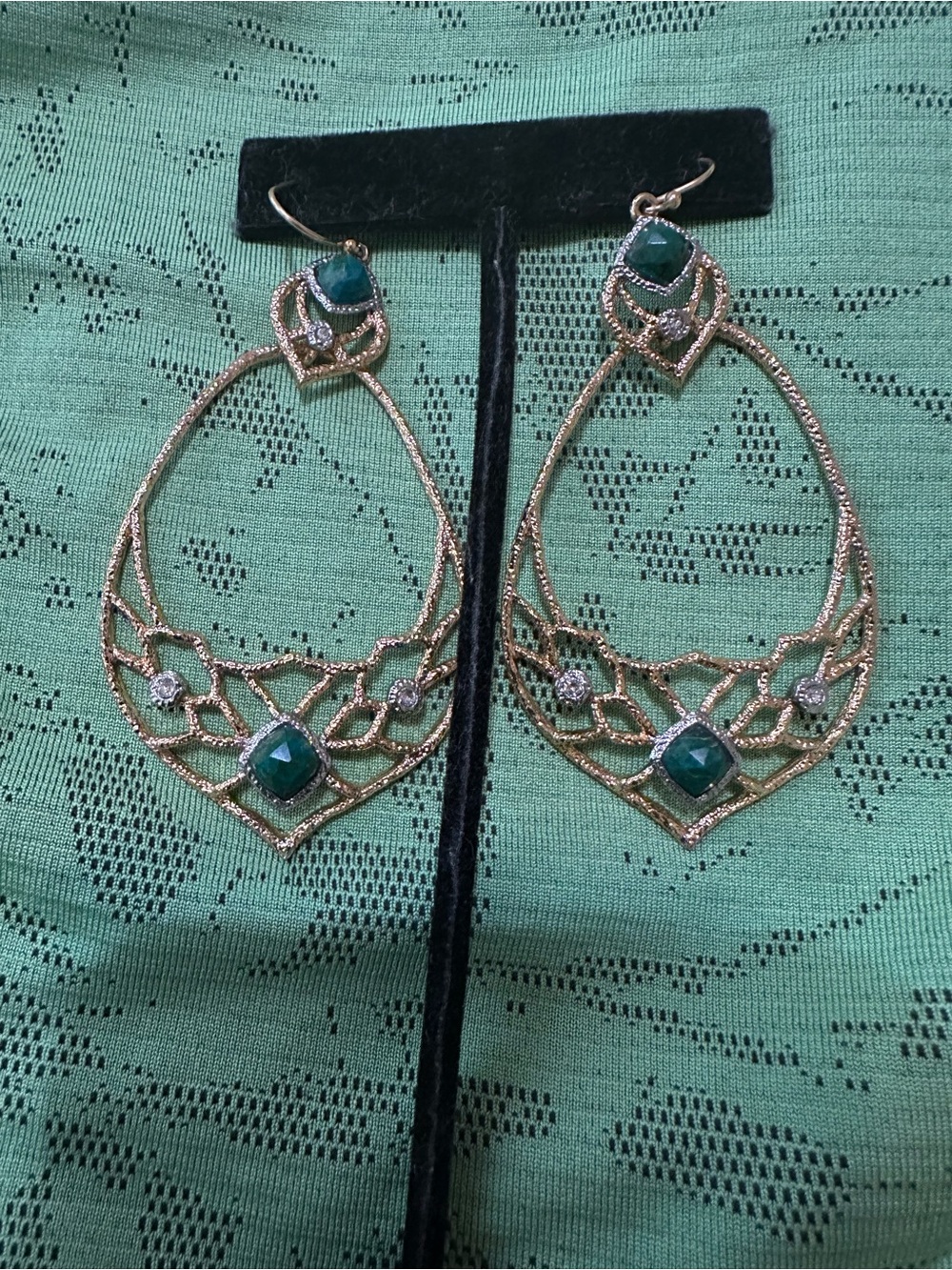 Gold-Tone Filigree Drop Earrings with Green Stones